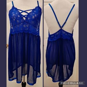 Y2K Plus Size Blue Sheer Mesh Baby Doll w Lace Bodice & Open Back.